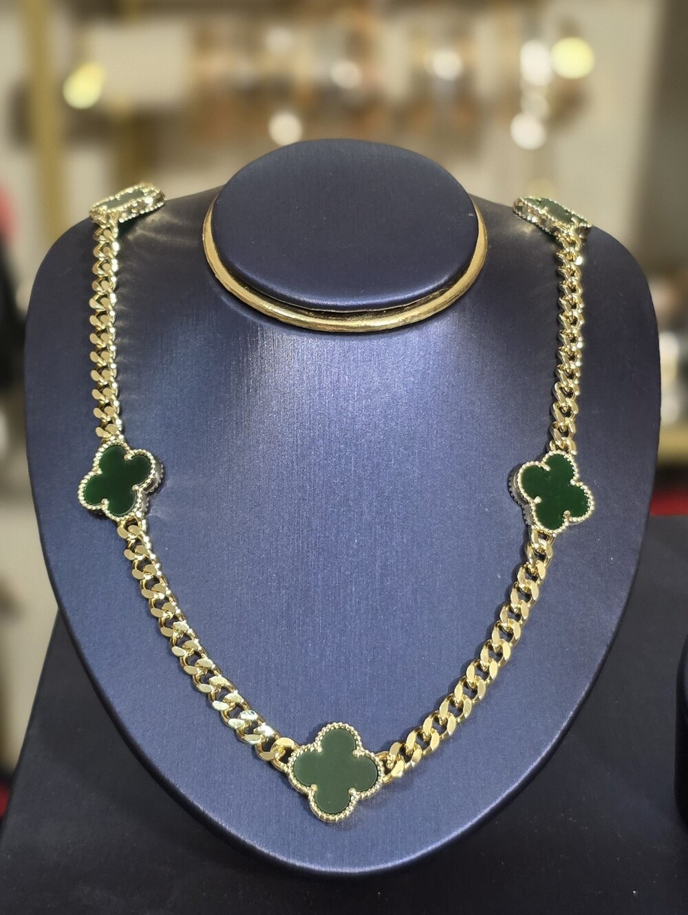 Gold Plated Chain Necklace with Green Clover Stations - Women Jewelry